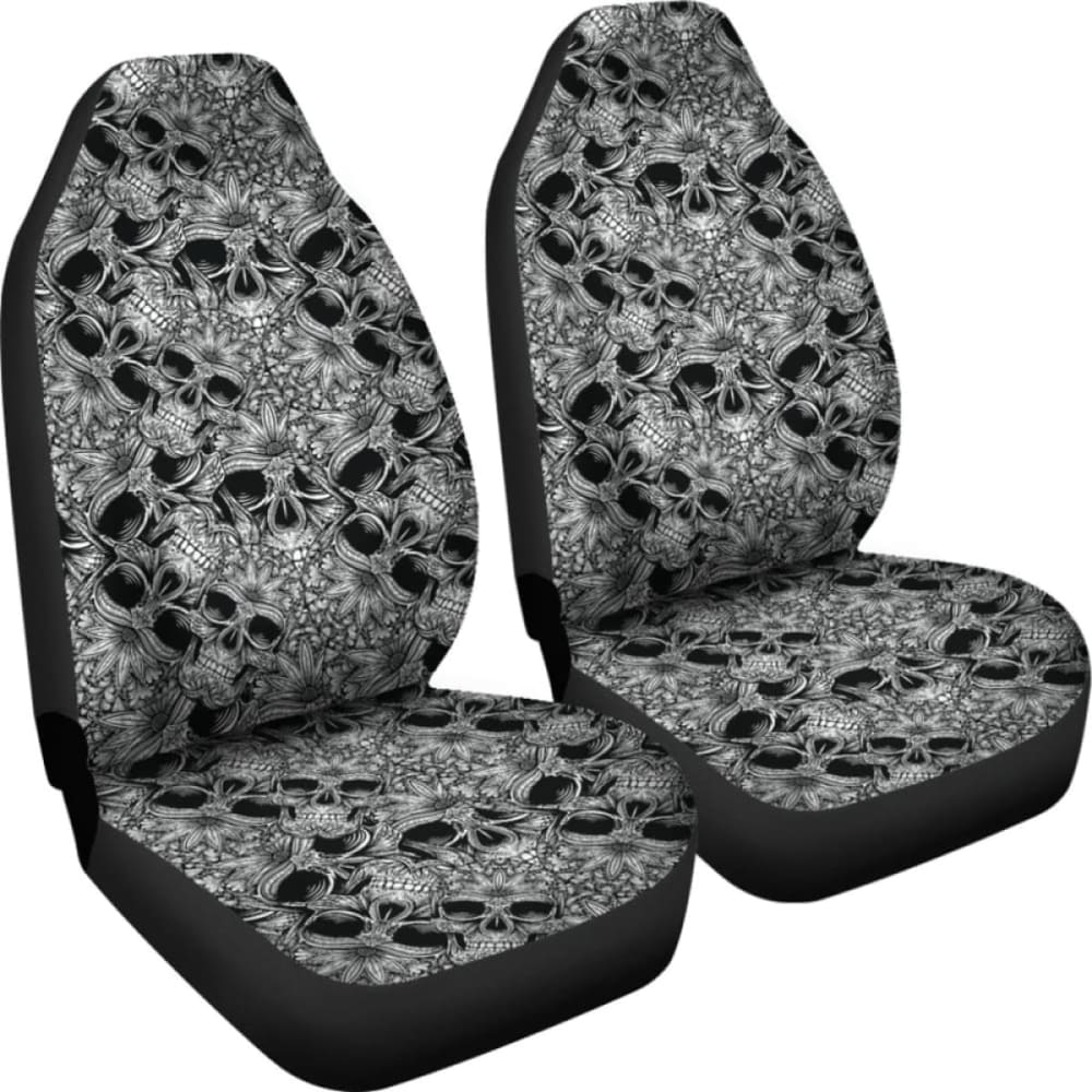 Set Of 2 Floral Sugar Skull Seat Covers - Day Of The Dead 101207