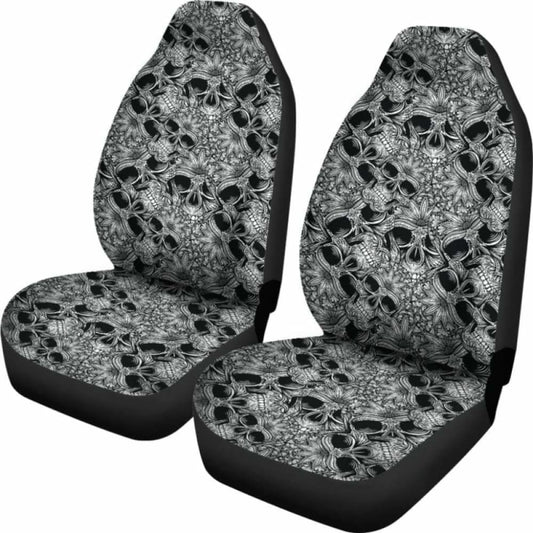 Set Of 2 Floral Sugar Skull Seat Covers - Day Of The Dead 101207