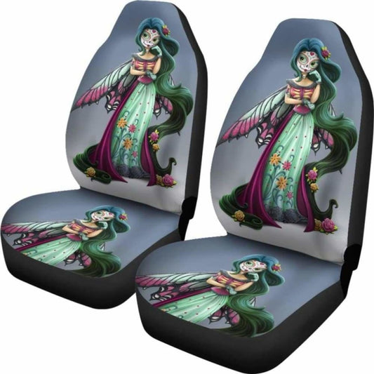 Set Of 2 Pcs Beautiful Girl Sugar Skull Car Seat Covers 101207