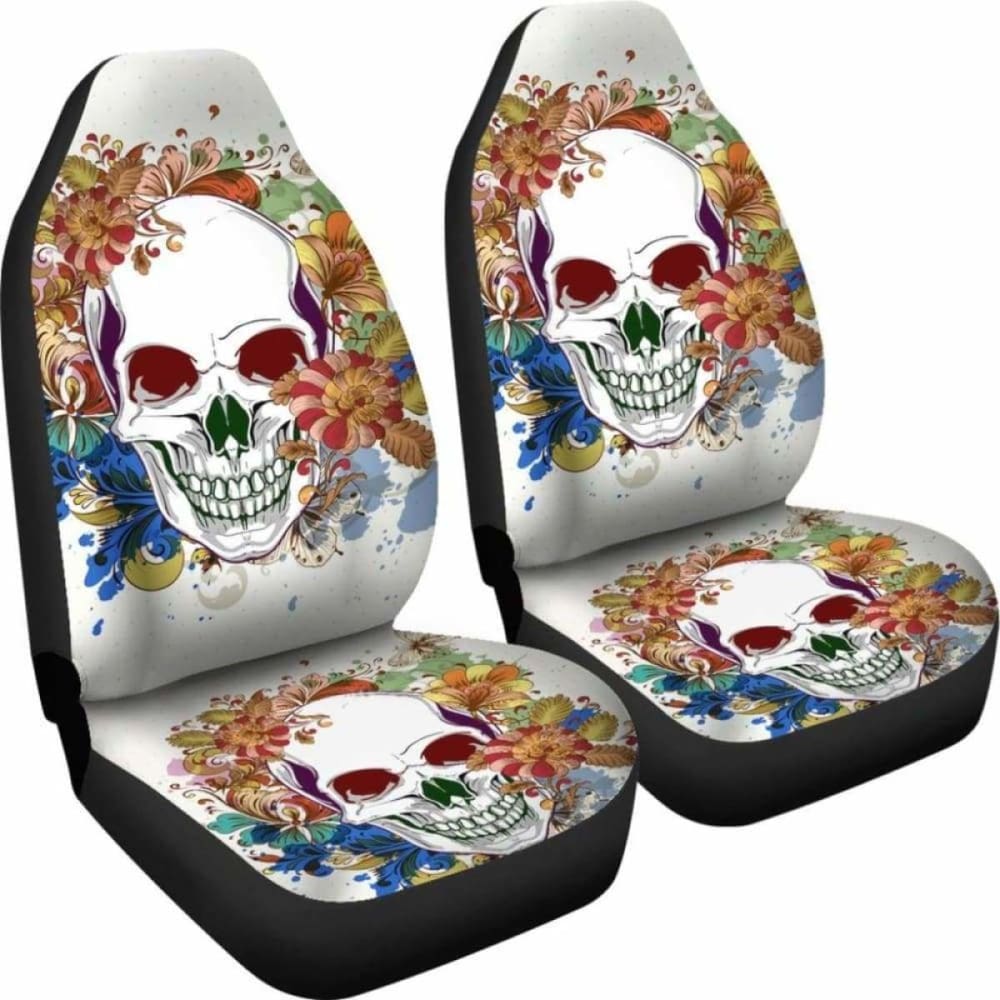 Set Of 2 Pcs Floral Skull Car Seat Covers 153908 - YourCarButBetter