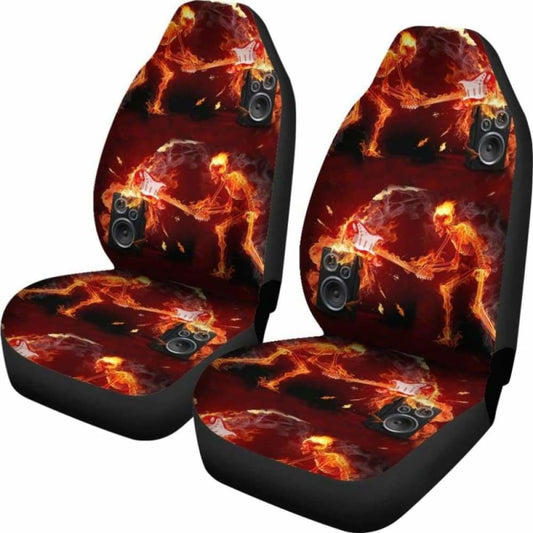 Set Of 2 Pcs - Skull Gothic Horror Flaming Fire Halloween Skull Car Seat Covers 172727