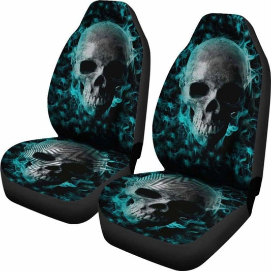 Set Of 2 Pcs - Skull Gothic Horror Flaming Fire Halloween Skull Car Seat Covers 172727