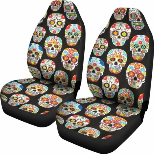 Set Of 2 Pcs Sugar Skull Day Of The Dead Car Seat Covers 101207