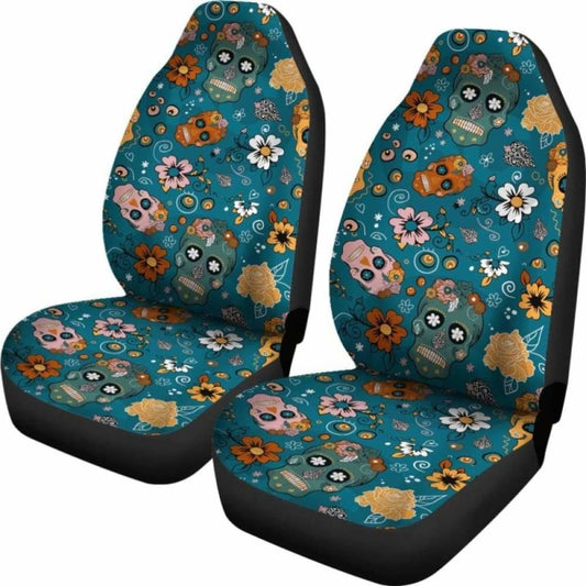 Set Of 2 Pcs Sugar Skull Day Of The Dead Car Seat Covers 101207