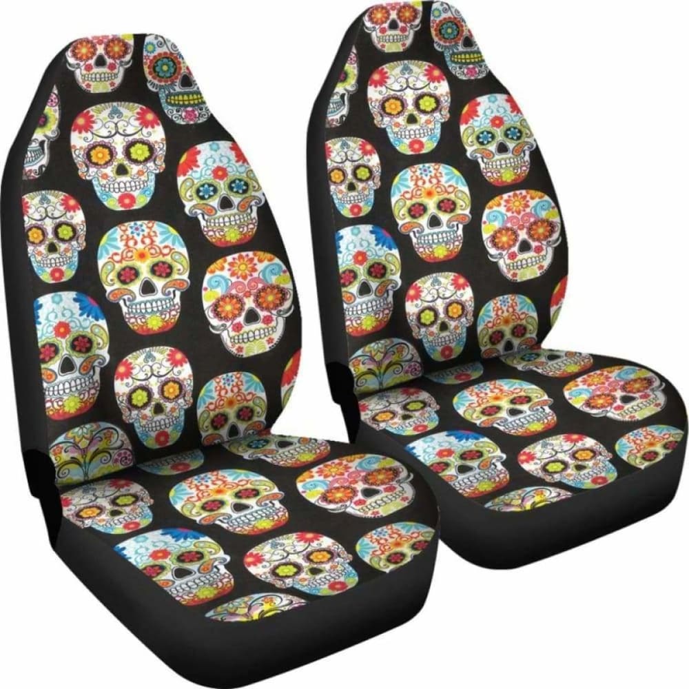 Set Of 2 Pcs Sugar Skull Day Of The Dead Car Seat Covers 101207