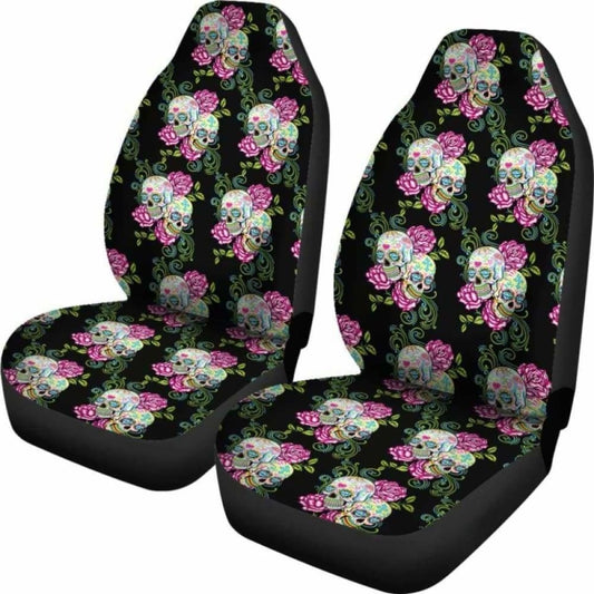 Set Of 2 Pcs Sugar Skull Floral Car Seat Cover 101207