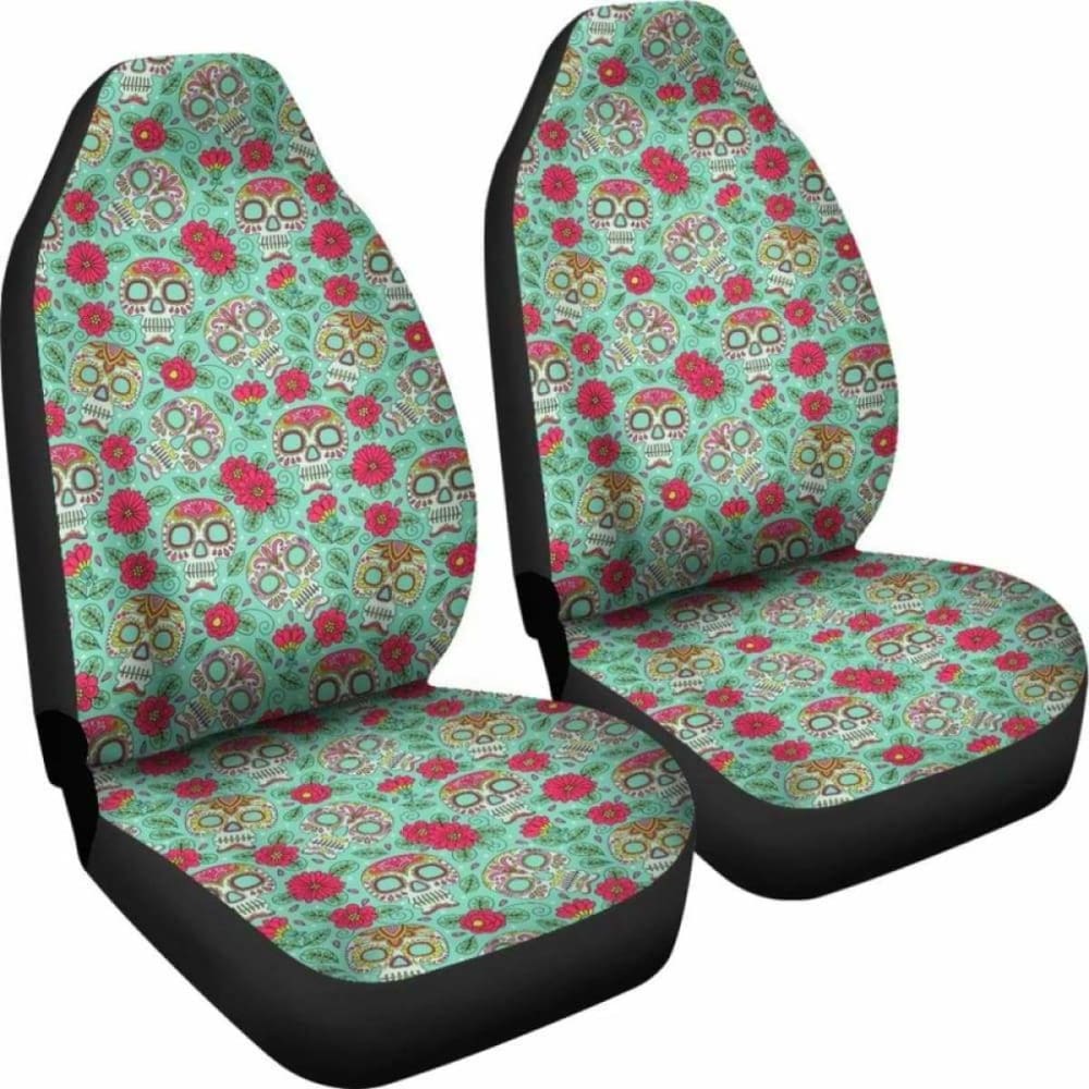 Set Of 2 Pcs - Sugar Skulls - Day Of The Dead Car Seat Covers 101207