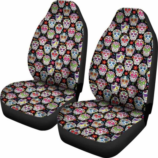 Set Of 2 Pcs - Sugar Skulls - Day Of The Dead Car Seat Covers 101207