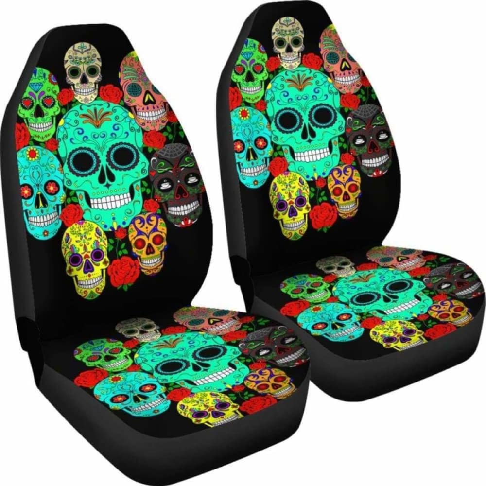 Set Of 2 Sugar Floral Skull Car Seat Covers 101207