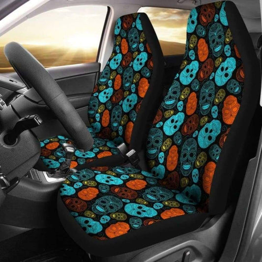 Set Of 2 - Sugar Skull Car Seat Cover Day Of The Dead 101207