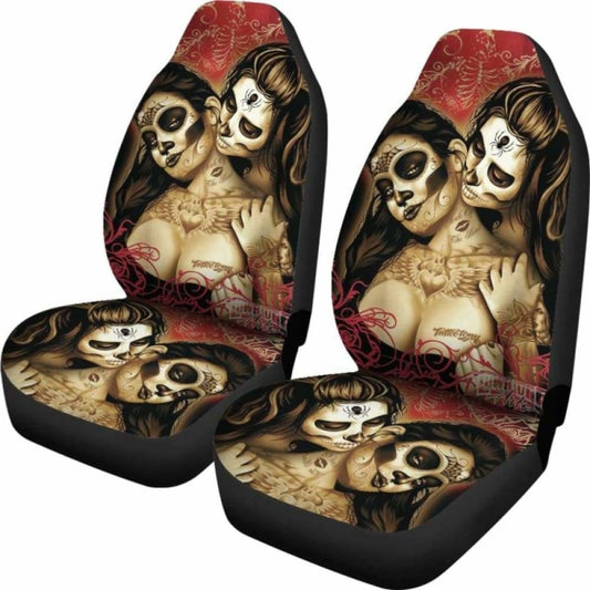 Set Of 2 Sugar Skull Day Of The Dead Car Seat Covers 101207