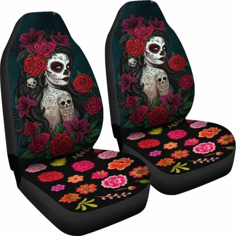 Set Of 2-Sugar Skull Girl - Day Of The Dead Car Seat Covers 101207