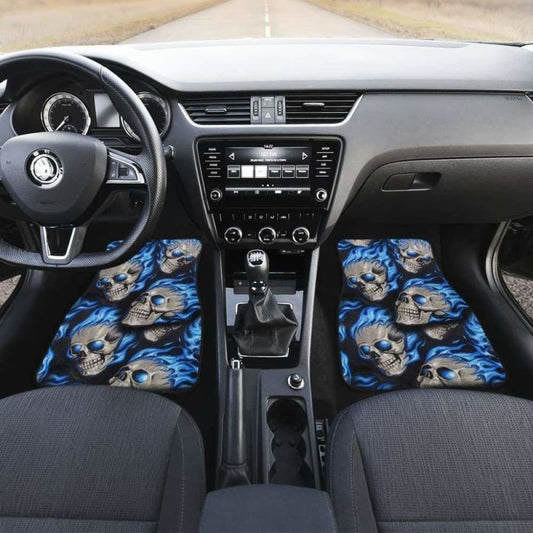 Set Of 4 Pcs Blue Flaming Skull Car Mats 110728 - YourCarButBetter