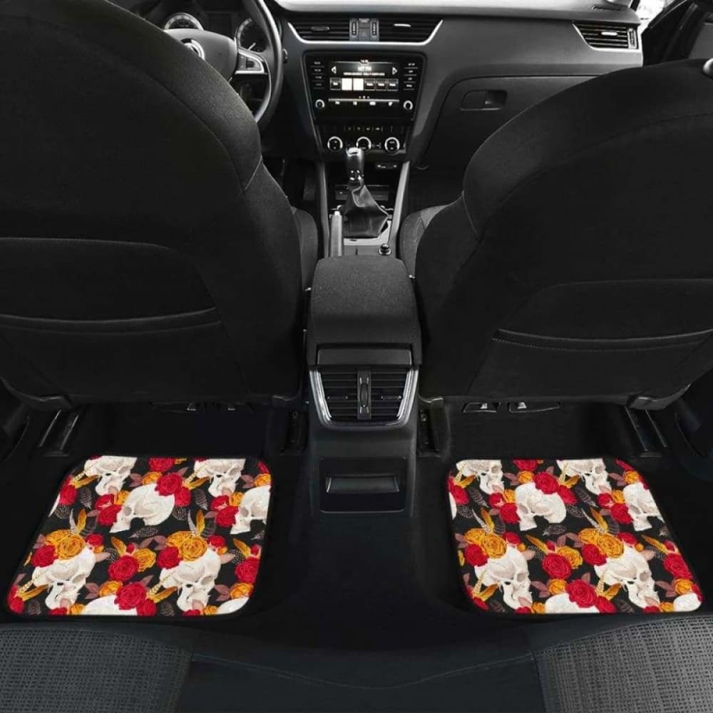 Set Of 4 Pcs Floral Skull Car Mats 153908 - YourCarButBetter