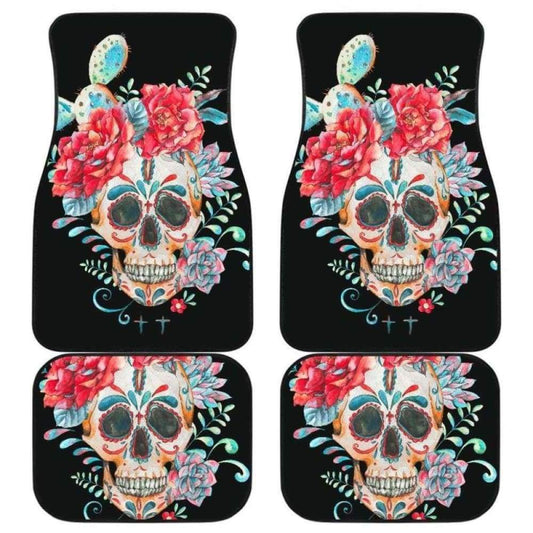 Set Of 4 Pcs Floral Sugar Skull Car Mats 101207