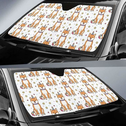 Shiba Inu Unicorn Costume Horn Colorful Tail Pattern Car Auto Sun Shades 172609 - YourCarButBetter