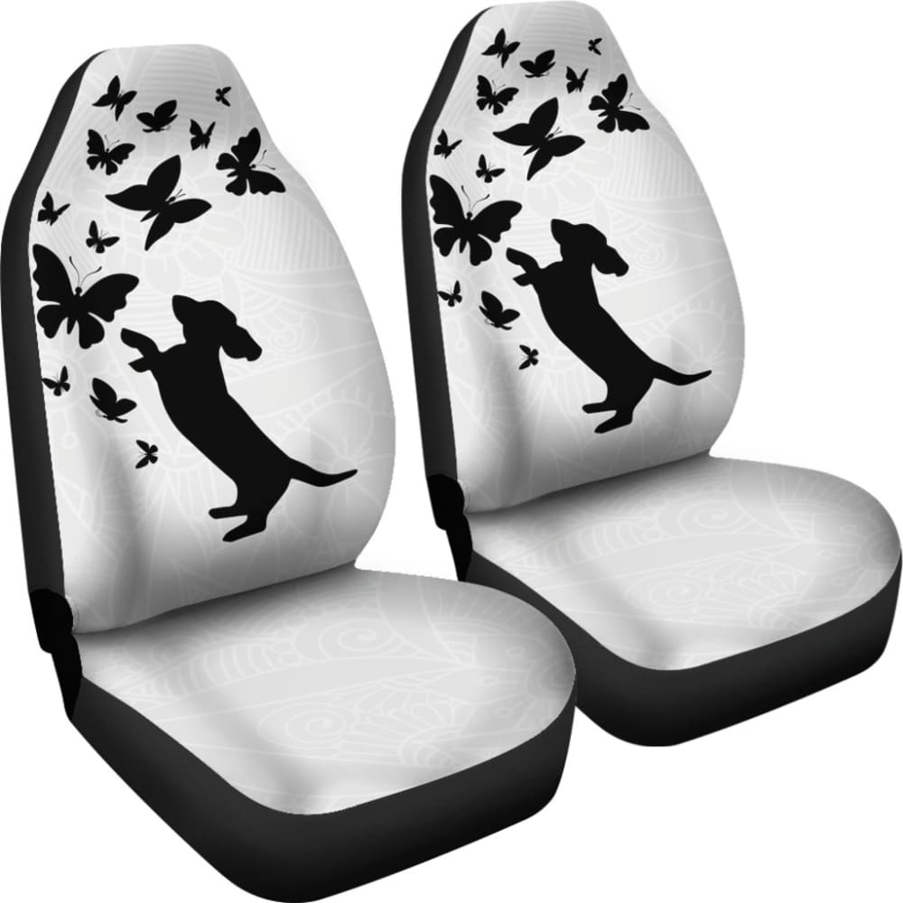 Silhouette Happy Dachshund Playing With Butterlies Car Seat Covers 210301 - YourCarButBetter