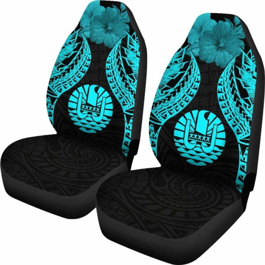 Tahiti Polynesian Car Seat Covers Pride Seal And Hibiscus Neon Blue - 232125 - YourCarButBetter