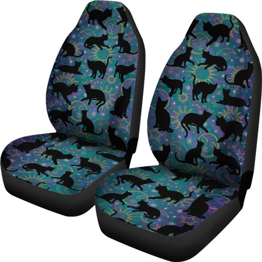 Teal Celestial Stars Moons Suns With Black Cats Silhouettes Car Seat Covers 101819 - YourCarButBetter