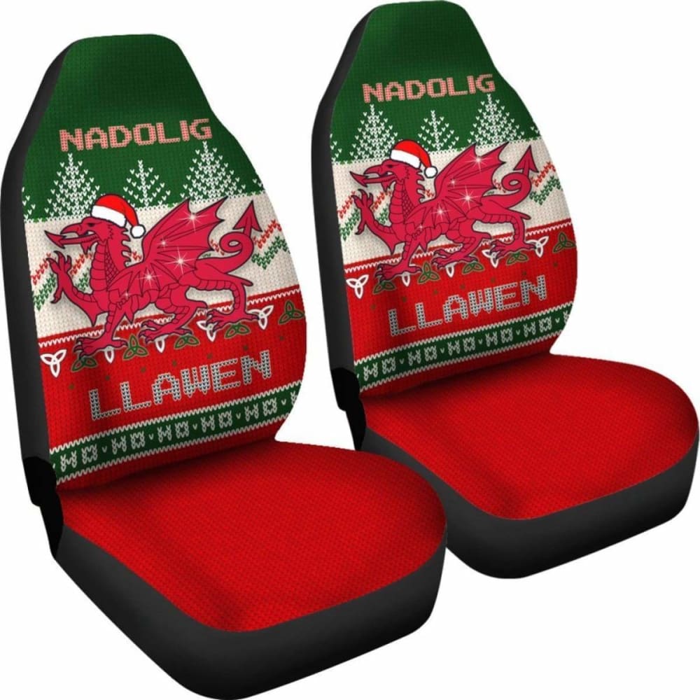 Wales Celtic Christmas Car Seat Covers - Welsh Dragon Nadolig Llawen Ugly Christmas Style Green - 160830 - YourCarButBetter