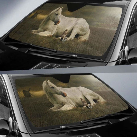 White Horse Cute Girl Cute Dog Landscape Dream 5K Car Sun Shade 172609 - YourCarButBetter