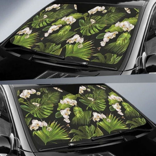 White Orchid Flower Tropical Leaves Pattern Blackground Car Auto Sun Shades 182102 - YourCarButBetter