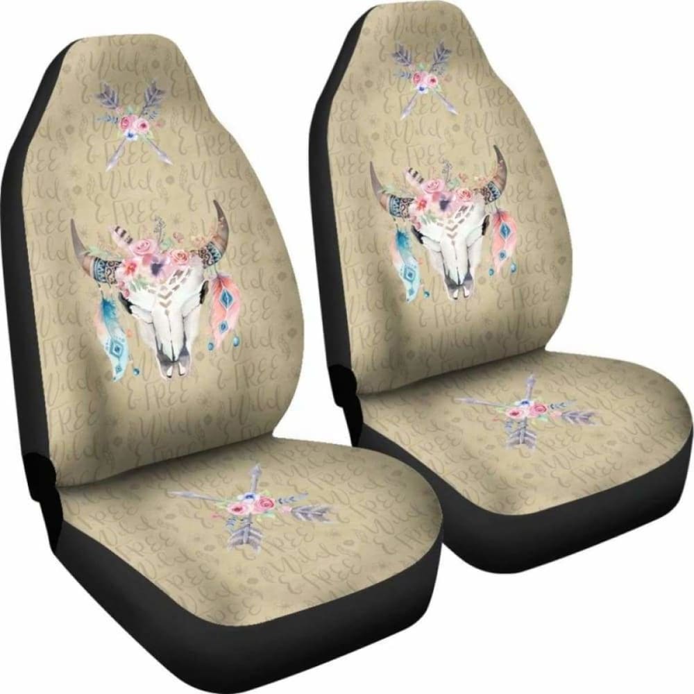 Wild And Free Dark Tan Boho Cow Skull Car Seat Covers 105905 - YourCarButBetter