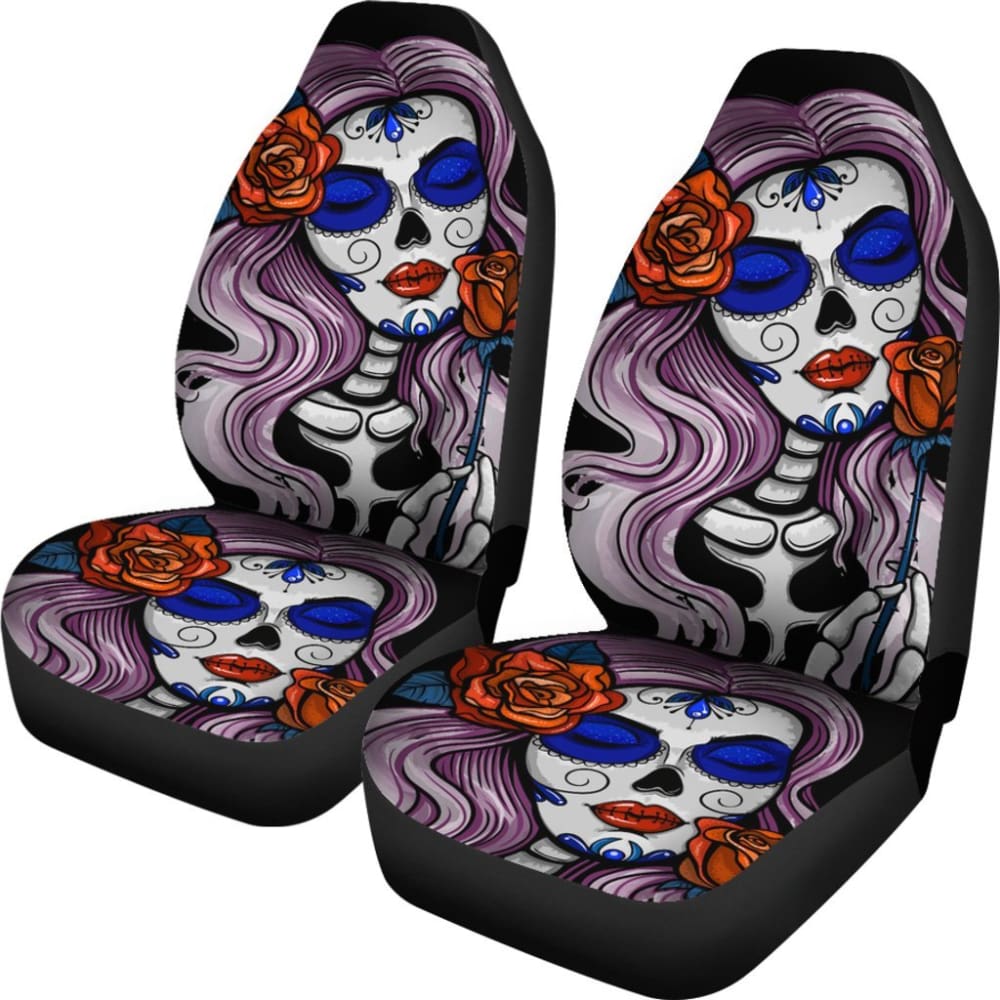 2 Pcs Beautiful Girl Sugar Skull Car Seat Covers 101819 - YourCarButBetter