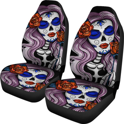 2 Pcs Beautiful Girl Sugar Skull Car Seat Covers 101819 - YourCarButBetter
