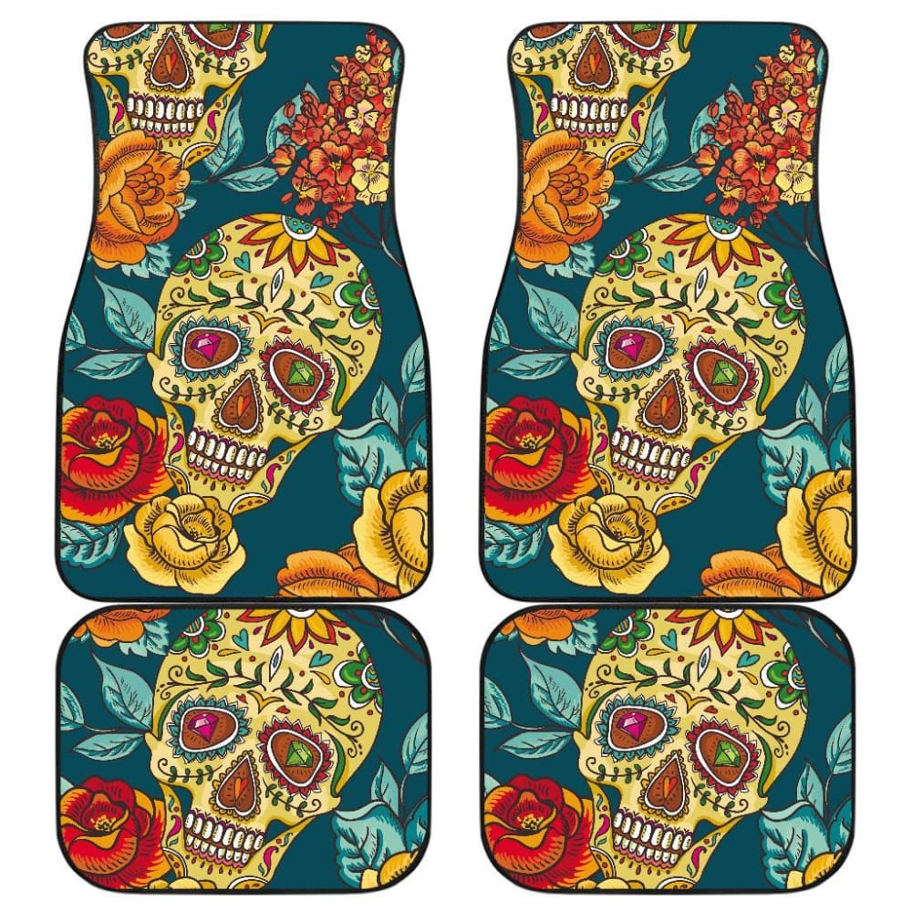 2 Pcs - Day Of The Dead Sugar Skulls Car Mats 101819 - YourCarButBetter
