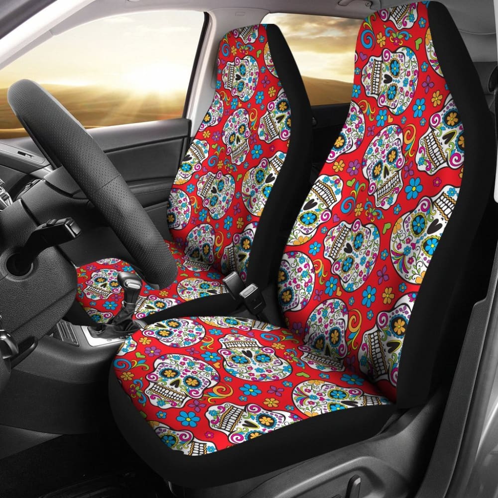 2 Pcs Sugar Skull Car Seat Covers 101819 - YourCarButBetter