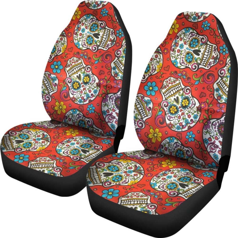 2 Pcs Sugar Skull Car Seat Covers 101819 - YourCarButBetter