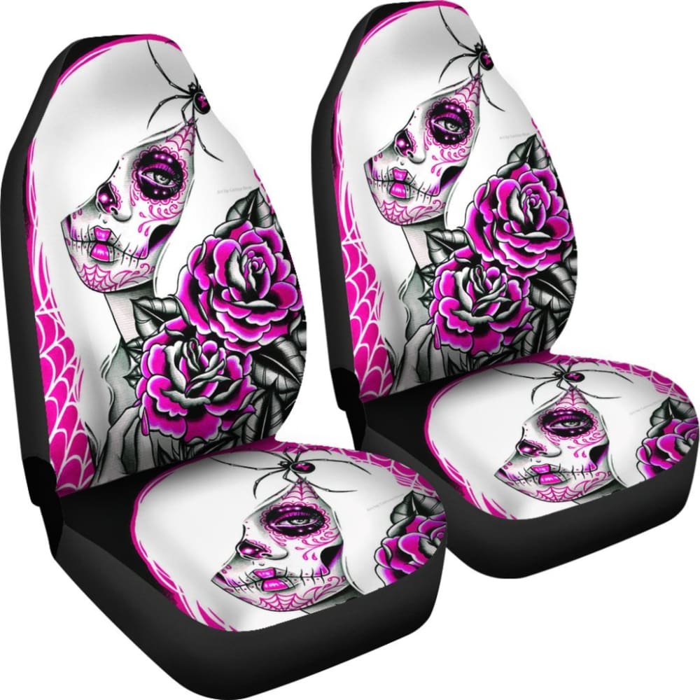 2 Pcs Sugar Skull Girl Skull Car Seat Covers 101819 - YourCarButBetter