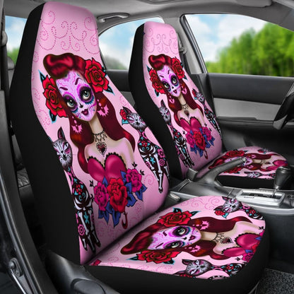 2 Pcs Sugar Skull Girl Day Of The Dead Car Seat Covers 101819 - YourCarButBetter