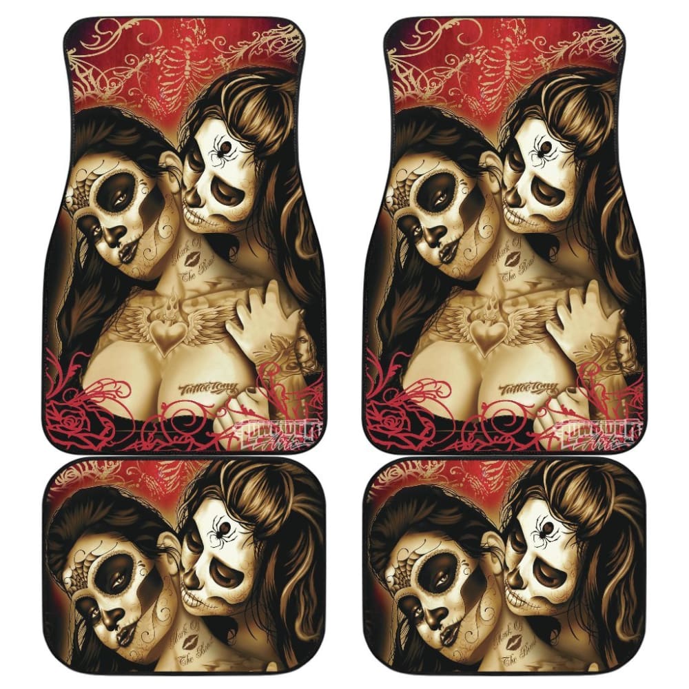 4 Pcs Beautiful Girl Sugar Skulls Car Mats 101819 - YourCarButBetter