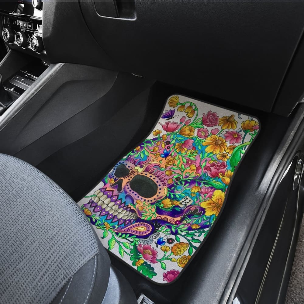 4 Pcs Floral Sugar Skull Car Mat 101819 - YourCarButBetter