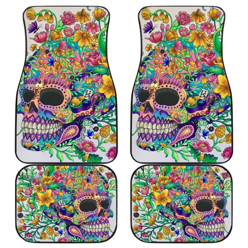 4 Pcs Floral Sugar Skull Car Mat 101819 - YourCarButBetter