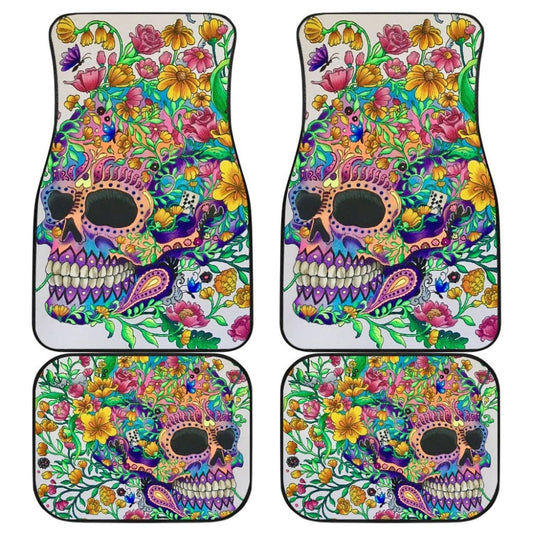 4 Pcs Floral Sugar Skull Car Mat 101819 - YourCarButBetter