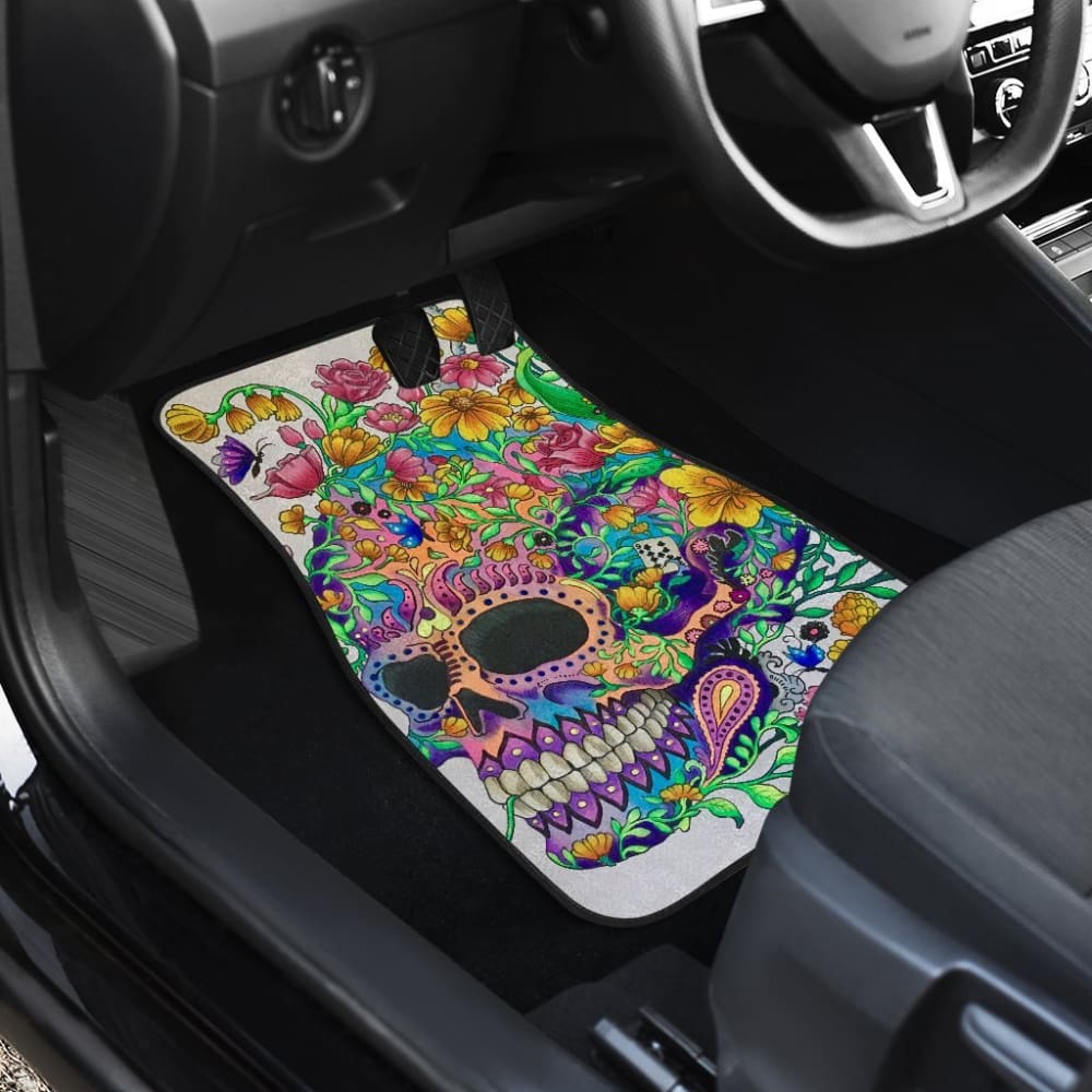 4 Pcs Floral Sugar Skull Car Mat 101819 - YourCarButBetter