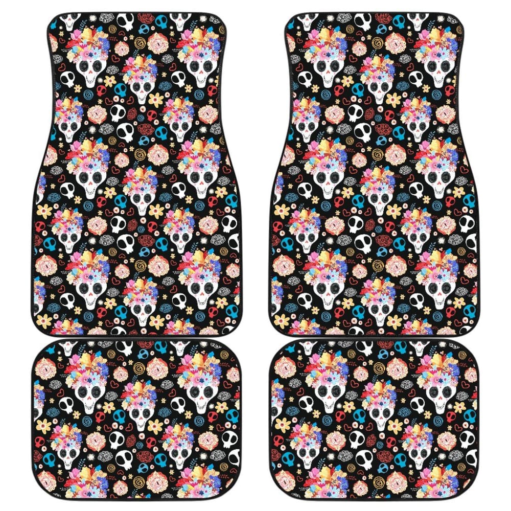 4 Pcs Floral Sugar Skull Car Mats 101819 - YourCarButBetter