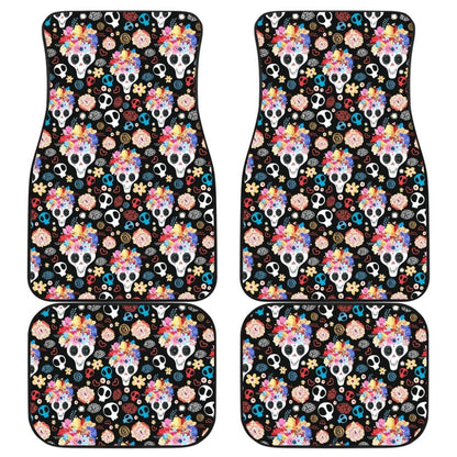 4 Pcs Floral Sugar Skull Car Mats 101819 - YourCarButBetter