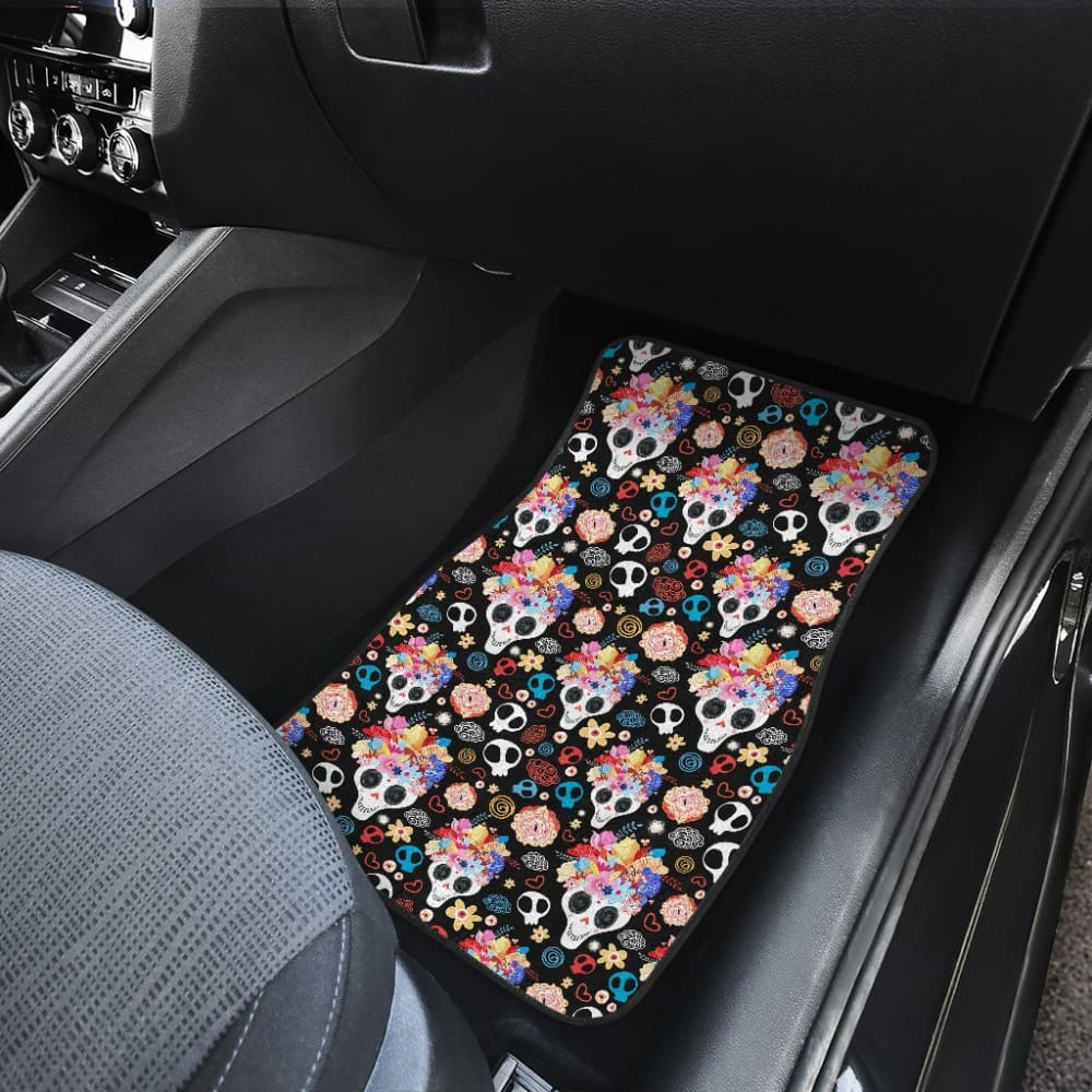 4 Pcs Floral Sugar Skull Car Mats 101819 - YourCarButBetter