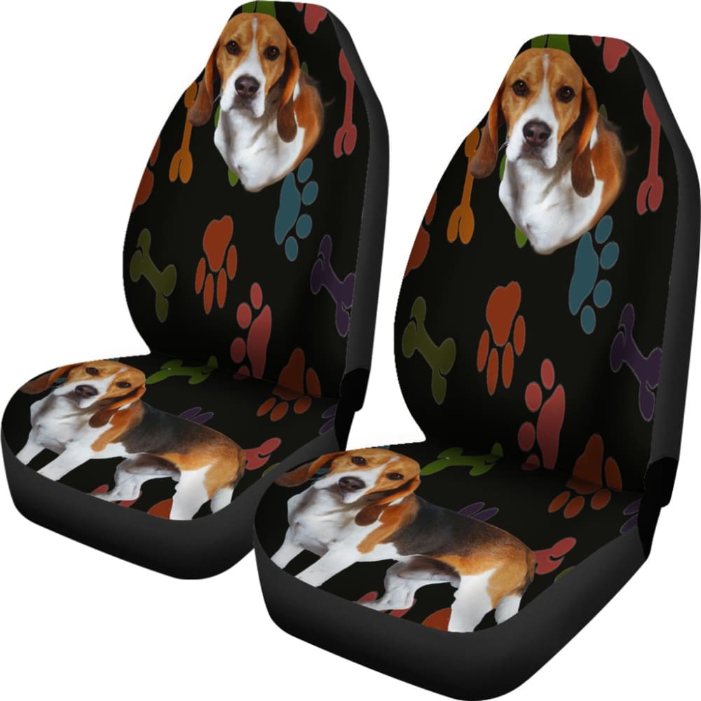 Adorable Beagle Car Seat Covers Black With Multicolor Paws 094209 - YourCarButBetter