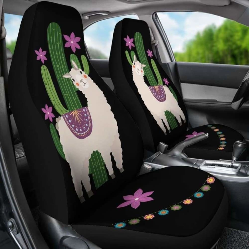 Alpaca Car Seat Covers Boho Hippie Style Cactus And Flowers Desert Motif Purple And Black 102802 - YourCarButBetter