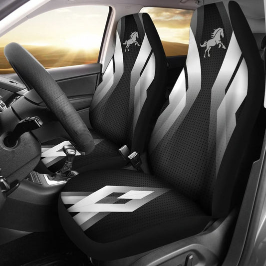 Amazing Black Silver Horse Mustang Custom Metallic Style Printed Car Seat Covers 211407 - YourCarButBetter