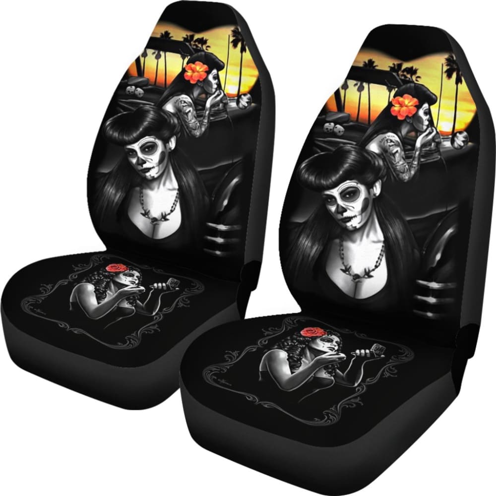 Amazing Couple Love Calavera Sugar Skull Style Car Seat Covers 211004 - YourCarButBetter