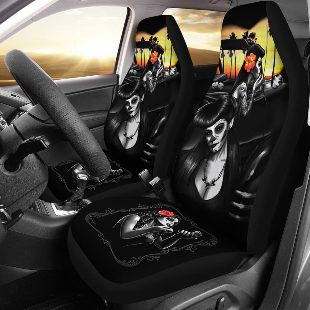 Amazing Couple Love Calavera Sugar Skull Style Car Seat Covers 211004 - YourCarButBetter