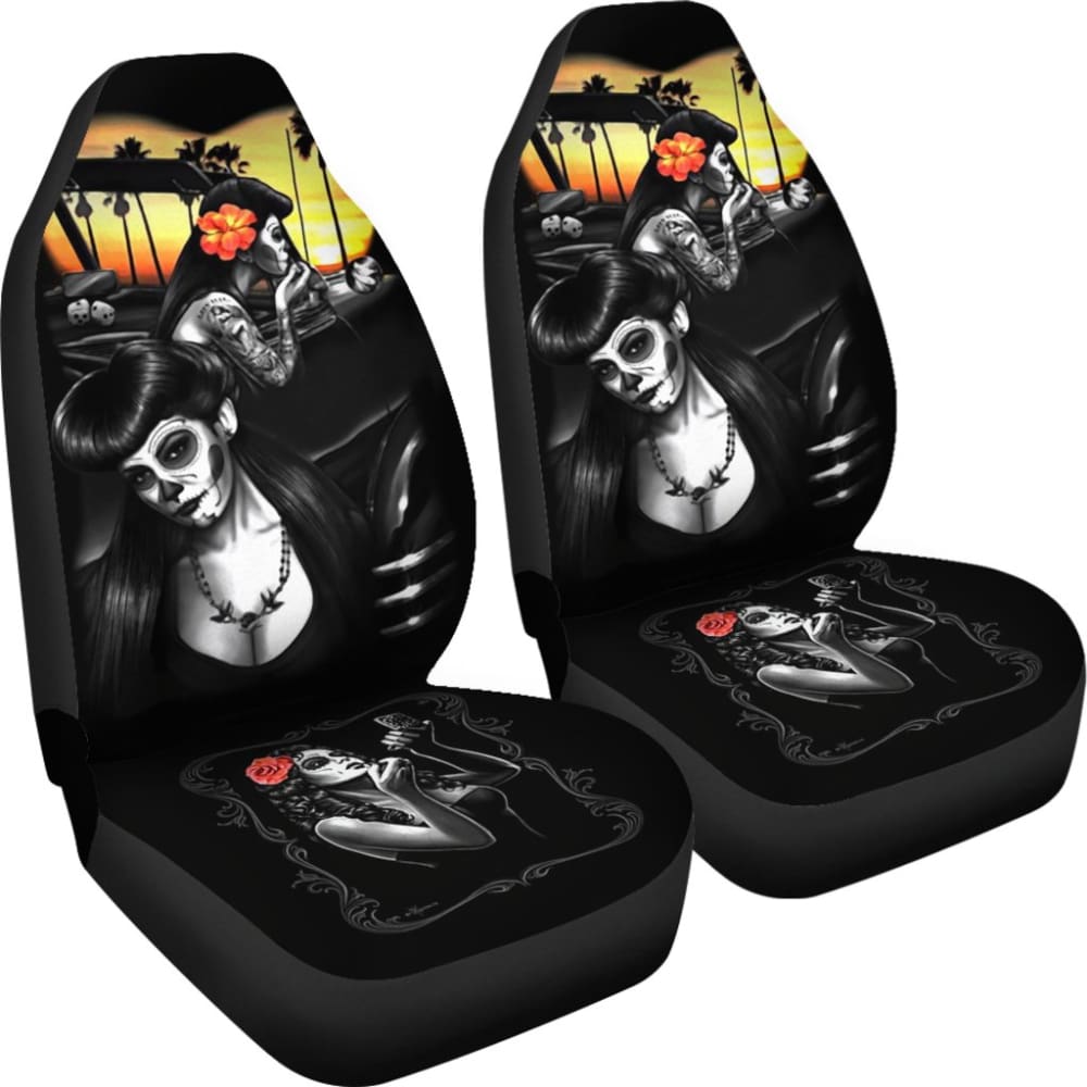 Amazing Couple Love Calavera Sugar Skull Style Car Seat Covers 211004 - YourCarButBetter
