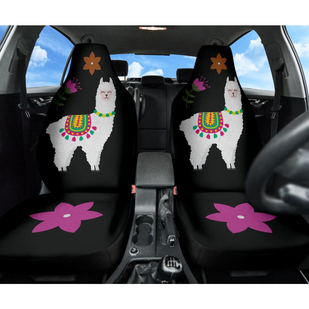 Amazing Llama Chalky Style Black Flowers Car Seat Covers Custom 1 211001 - YourCarButBetter