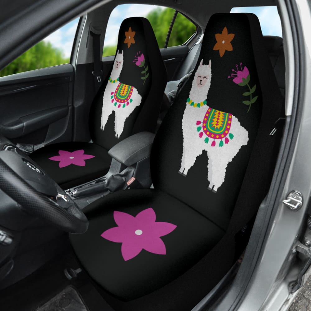 Amazing Llama Chalky Style Black Flowers Car Seat Covers Custom 2 211001 - YourCarButBetter